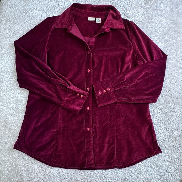 LL Bean Womens Velour Velvet Button Up Long Sleeve Top Burgundy Large - Picture 1 of 8